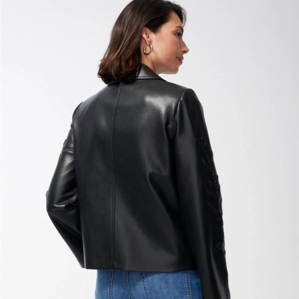 Chico’s Faux Leather Cropped Jacket Black Cutwork Detail Women’s S (US 6)
